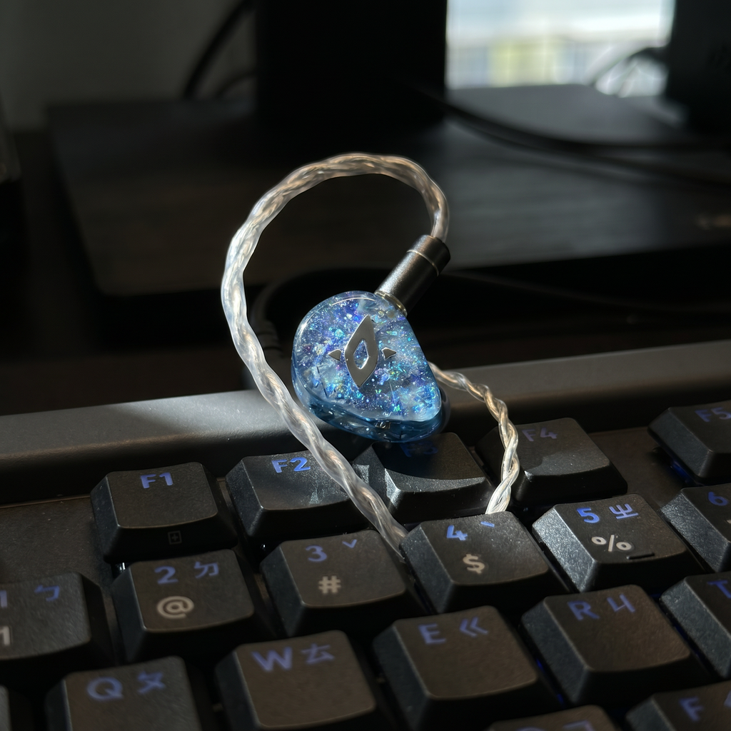 MIRAI IEM shell in low light beside a keyboard, showing the hand-poured faceplate